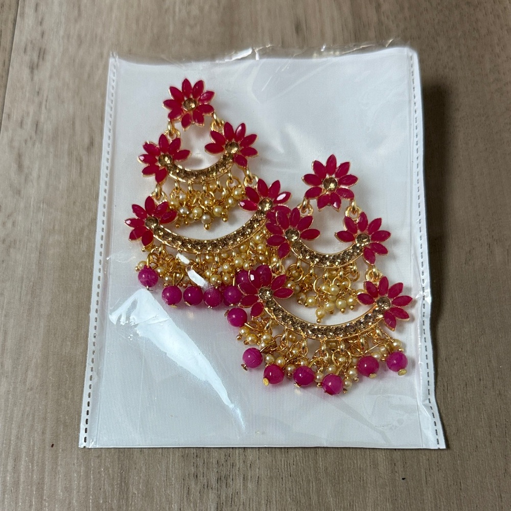 Gold-Tone Pink Floral Chandbali Earrings – Traditional Indian Statement Jewelry
